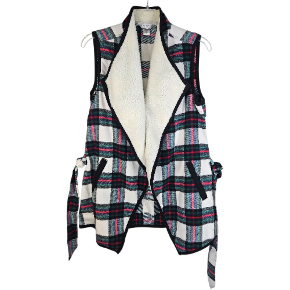 Christopher & Banks Plaid Fleece Sherpa Belted Vest Size S